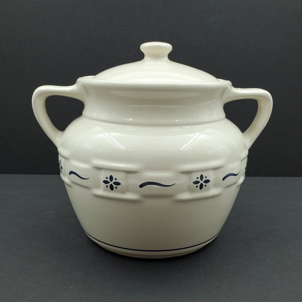 Longaberger Pottery Woven Traditions Classic Blue Cookie Jar Bean Pot Canister